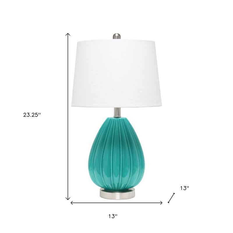 HomeRoots 23" Teal Blue And Silver Glass And Metal Novelty Table Lamp With White Drum Shade - 13.00 in. x 23.25 in. x 13.00 in.