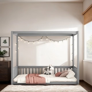 Full Size Canopy Frame Floor Bed with Fence,Guardrails