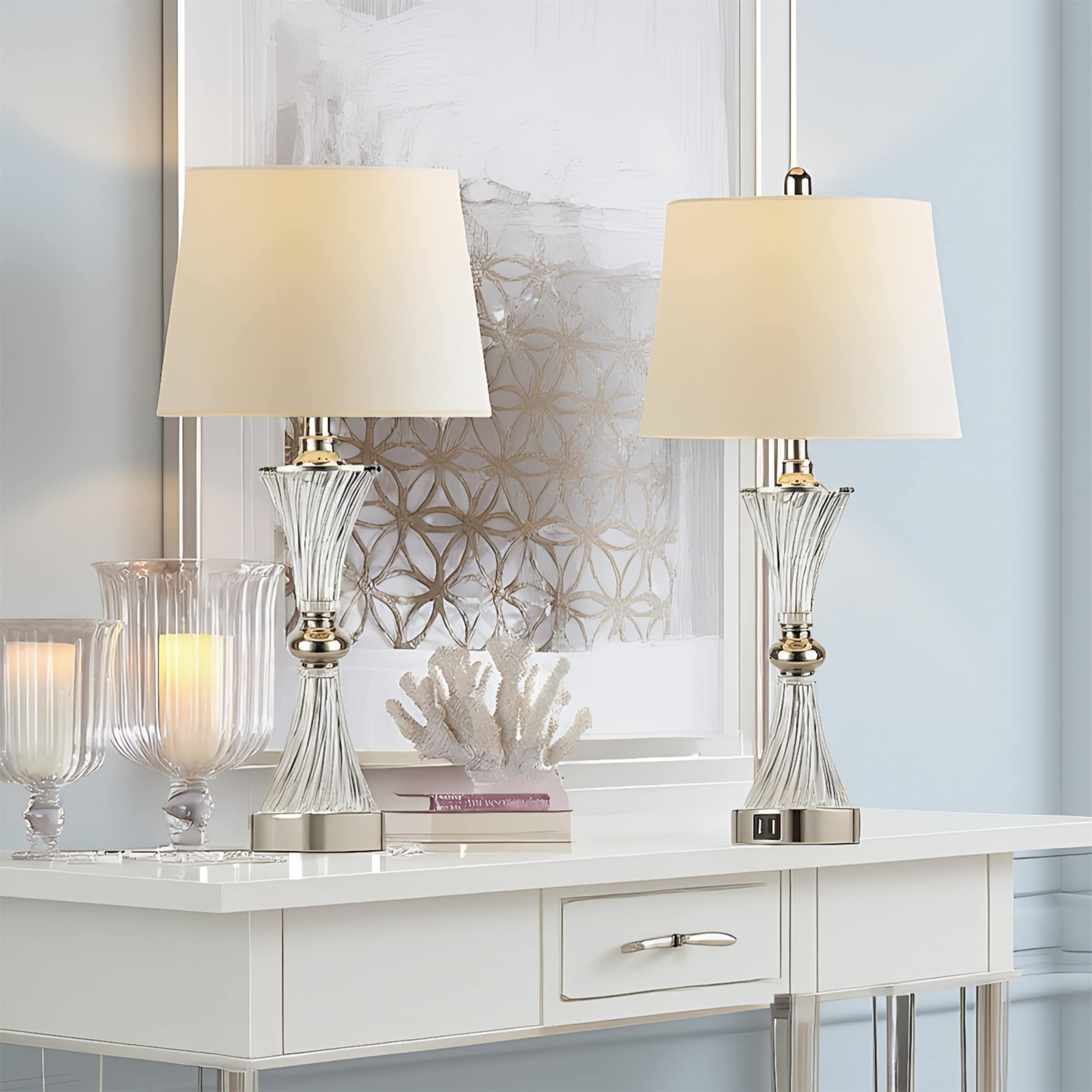 Crystal Base Table Lamp with 3-Way Touch Dimmer, USB Ports, Set of 2