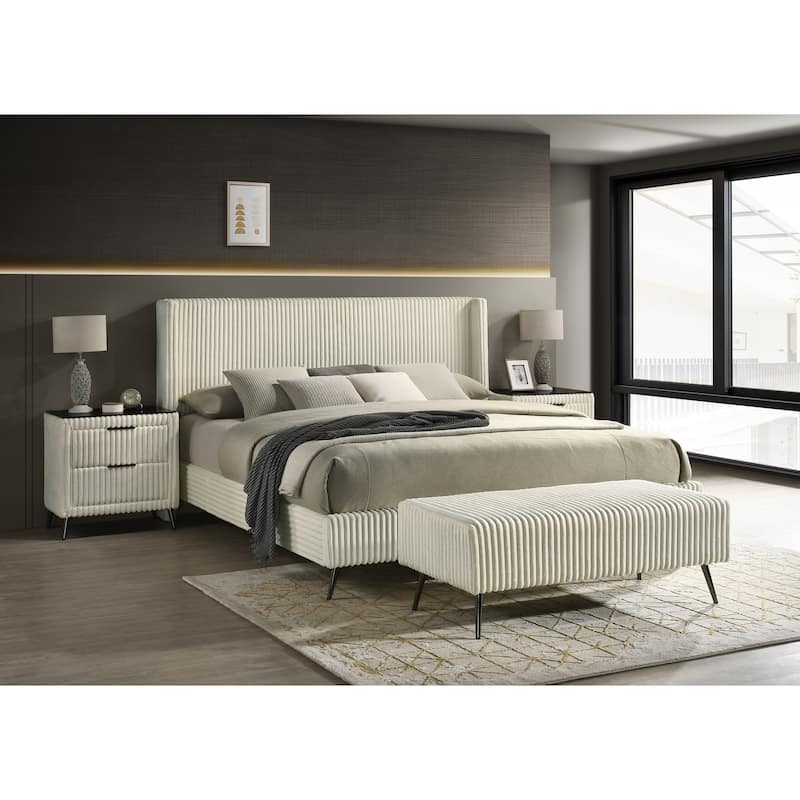Roundhill Furniture Mavela Wide Wale Corduroy Upholstery Panel Bed with 2 Nightstands and Bench, Cream - King