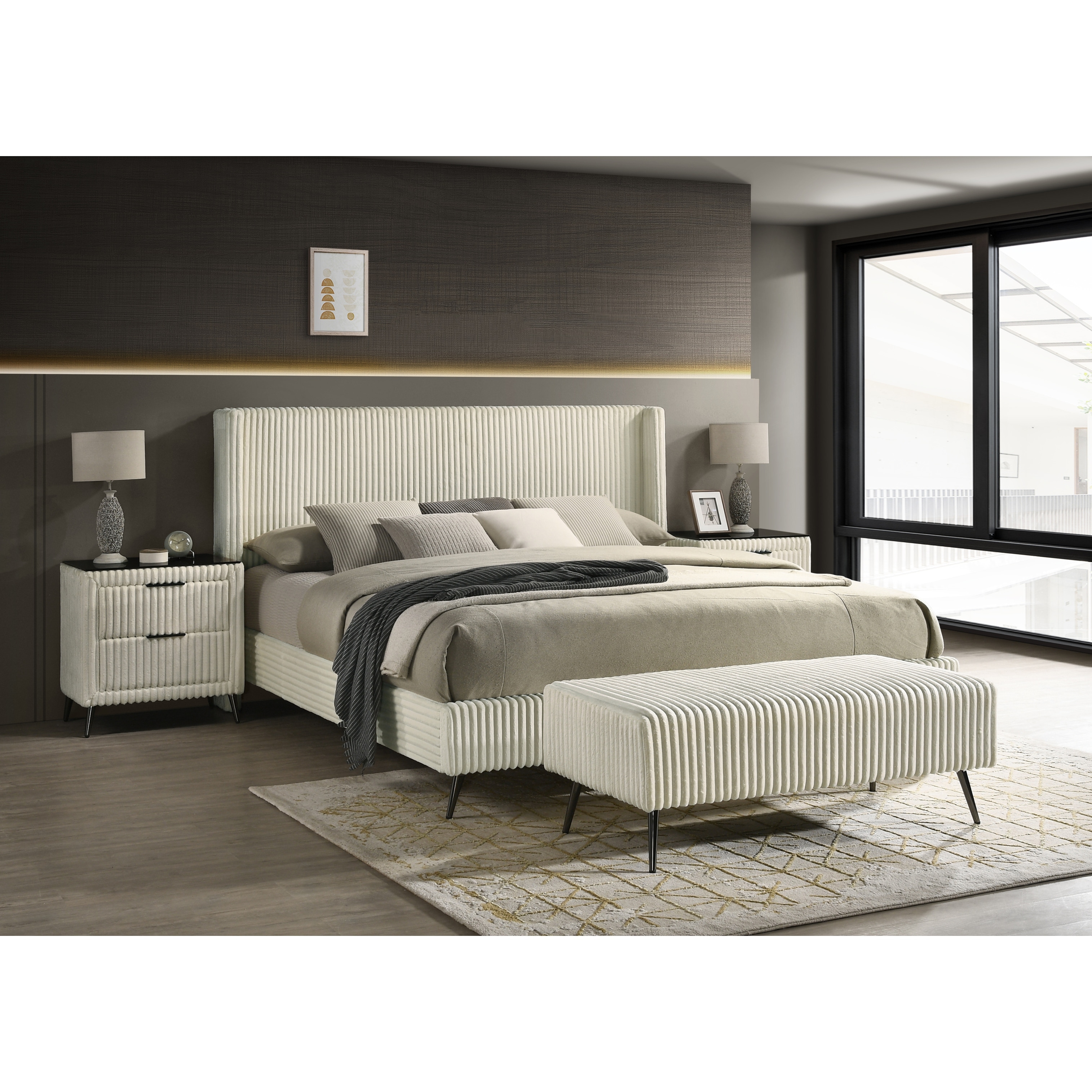 Roundhill Furniture Mavela Wide Wale Corduroy Upholstery Panel Bed with 2 Nightstands and Bench, Cream