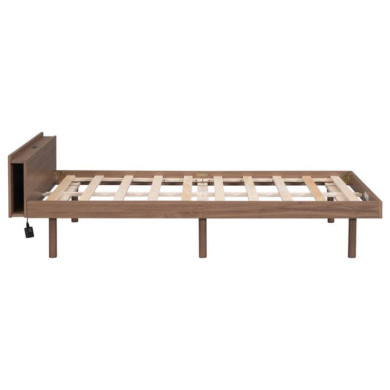 Walnut Modern Twin Size Platform Bed with Built-in USB Port