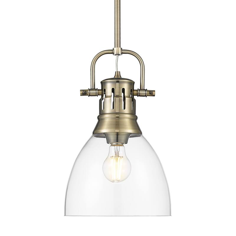 Yep by Golden Lighting Duncan 1-light 9in rod hung Pendant in Aged Brass and Clear Glass