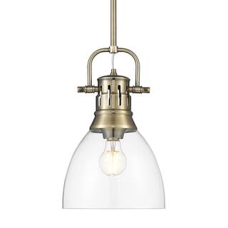 Yep by Golden Lighting Duncan 1-light 9in rod hung Pendant in Aged Brass and Clear Glass