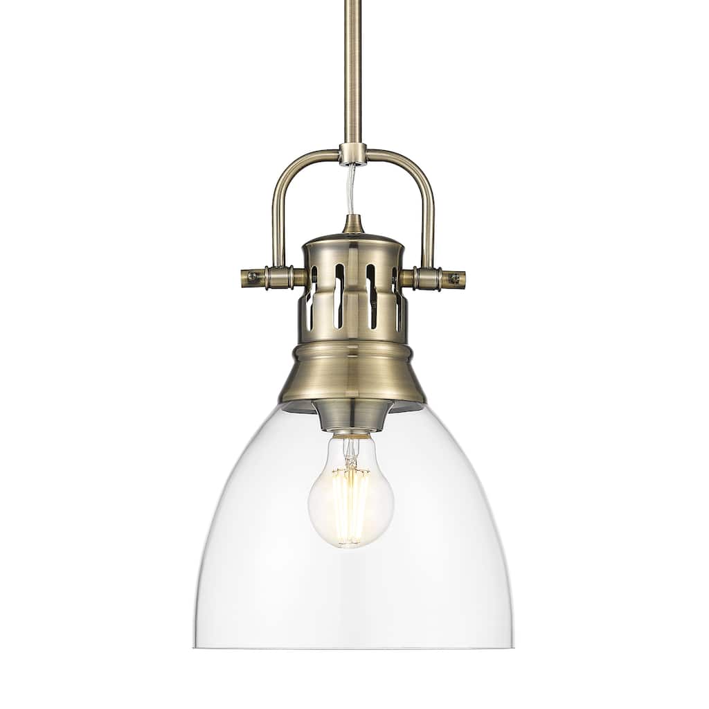 Yep by Golden Lighting Duncan 1-light 9in rod hung Pendant in Aged Brass and Clear Glass