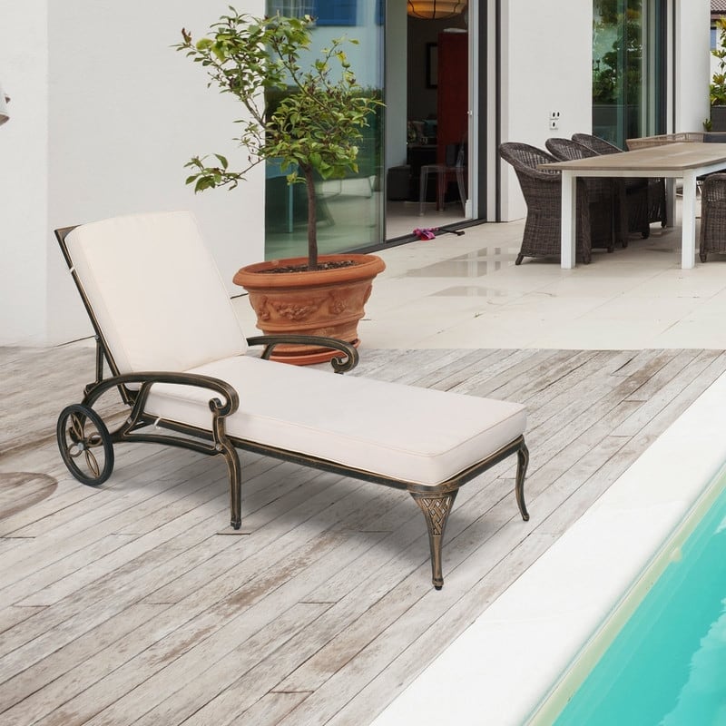 Cast Aluminum Outdoor Chaise Lounge Chair with Wheels and Cushion - N/A