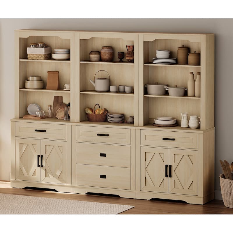 3-Column 73.3" Tall Bookshelf Set with Open Storage and Glass Doors