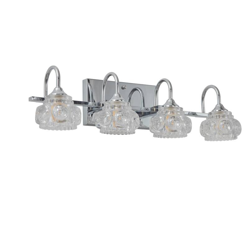 Modern Chrome Bathroom Vanity Light with Patterned Glass Shades - 4-Light