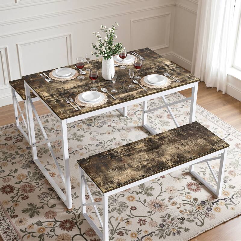 44.3" Dining Table with Benches Kitchen Table set for 4 Rectangular Dining Room Table Set with 2 Metal Wood Benches