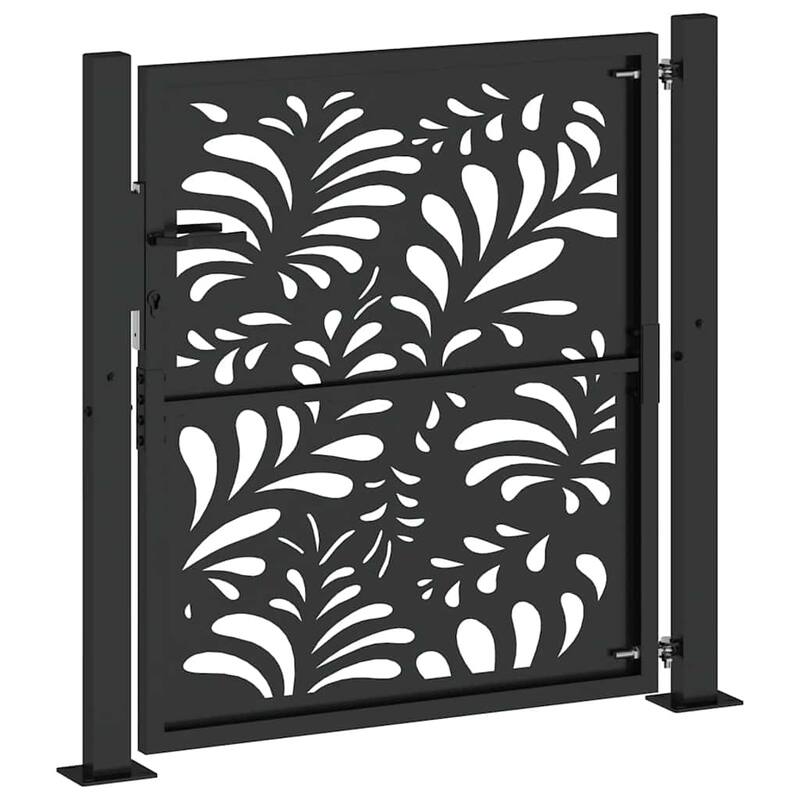 vidaXL Garden Gate Black Steel Leaf Design