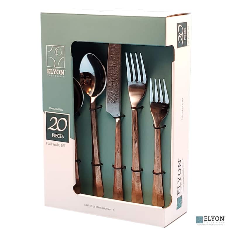 Elyon Seldon Reflective Copper 20 Piece Flatware Set Indian Artisan-Made Set Hand-Forged Stainless Steel Service for 4