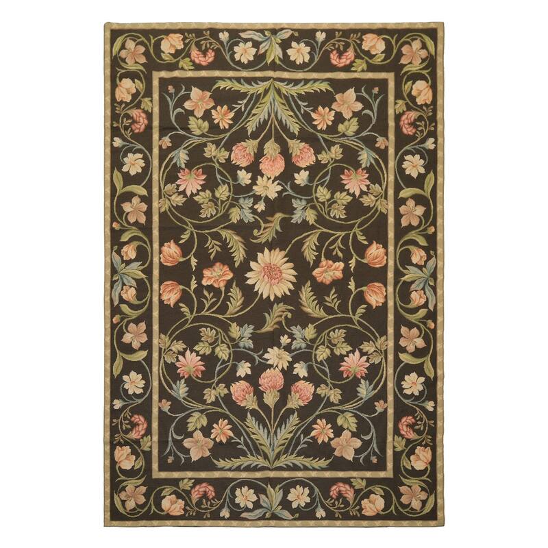 6x9 Hand Woven Flatweave Wool Brown Needlepoint Asmara Traditional Botanical Rug - 6' x 9'