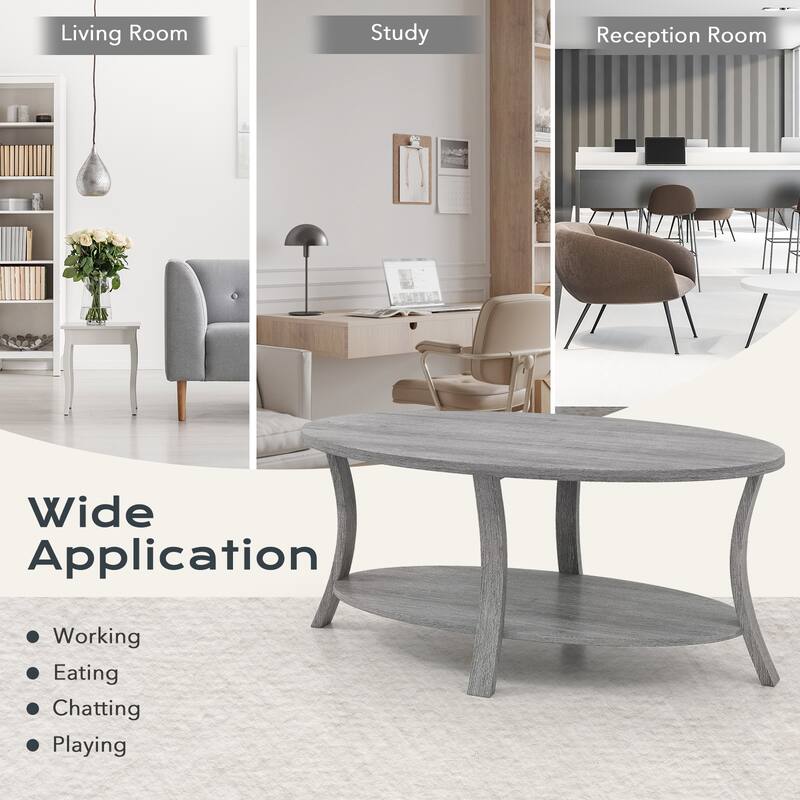 Gymax 2-Tier Oval Coffee Table w/ Storage Shelf Rubber Wood Accent Tea