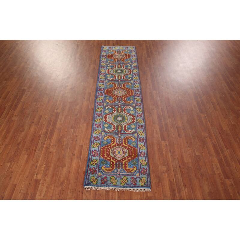 Geometric Blue Kazak Oriental Runner Rug Handmade Wool Carpet - 2'5"x 9'10"
