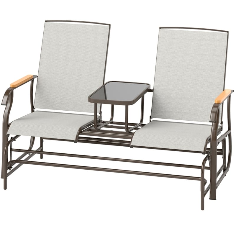 Steel Mesh Loveseat Rocking Glider Chair with Table - 57.75" W x 32.25" D x 38.5" H - Cream White