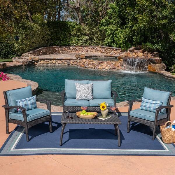 slide 1 of 11, Honolulu Outdoor 4-pc. Cushioned Wicker Seating Set by Christopher Knight Home grey + teal cushion