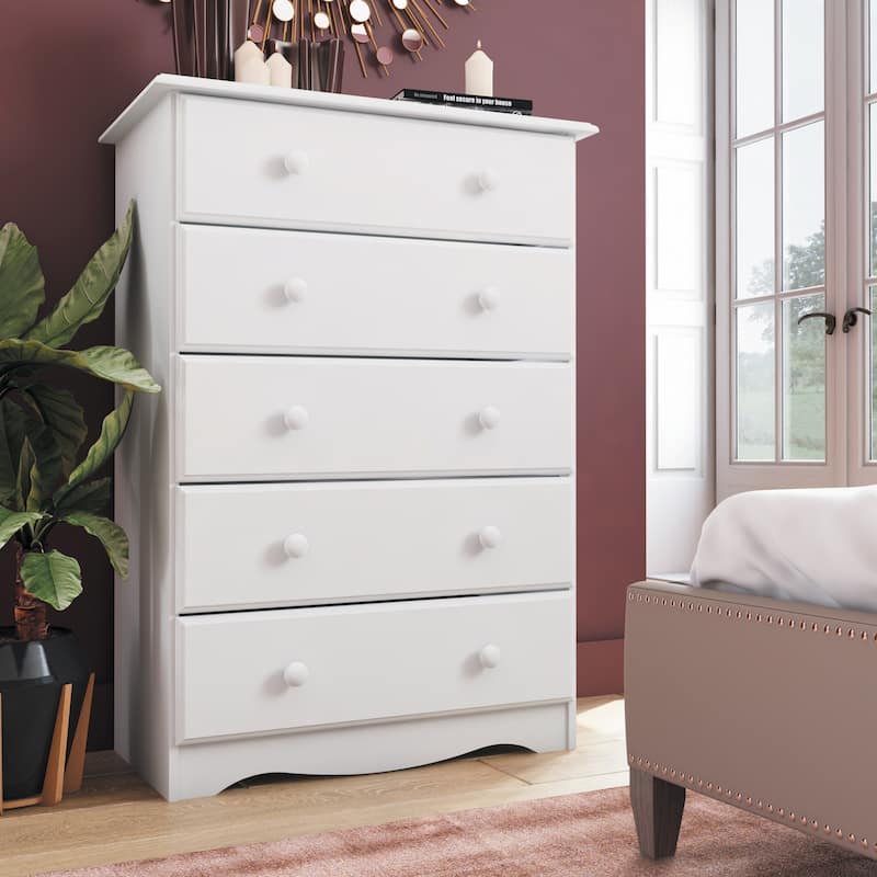 Palace Imports 100% Solid Wood 5-Drawer Chest with Metal or Wooden Knobs - White