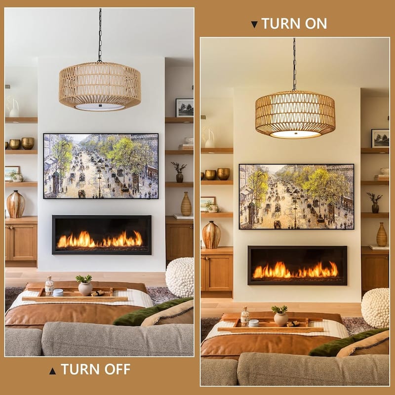 Chandelier Light Fixture, 4-Light Rattan Chandeliers with Fabric Shade for Bedroom, Hand Woven Dining Room Light Fixture