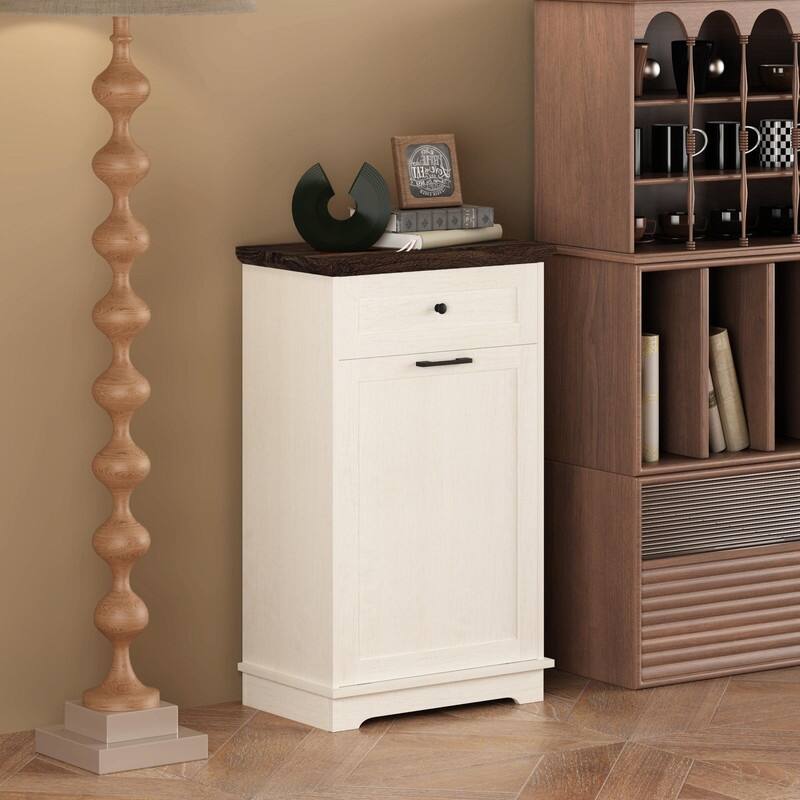 13 Gallon Tilt-Out Trash Can Cabinet, Freestanding Wooden Garbage & Recycling Bin with Hideaway Drawer(Trash Can Not Included) - White