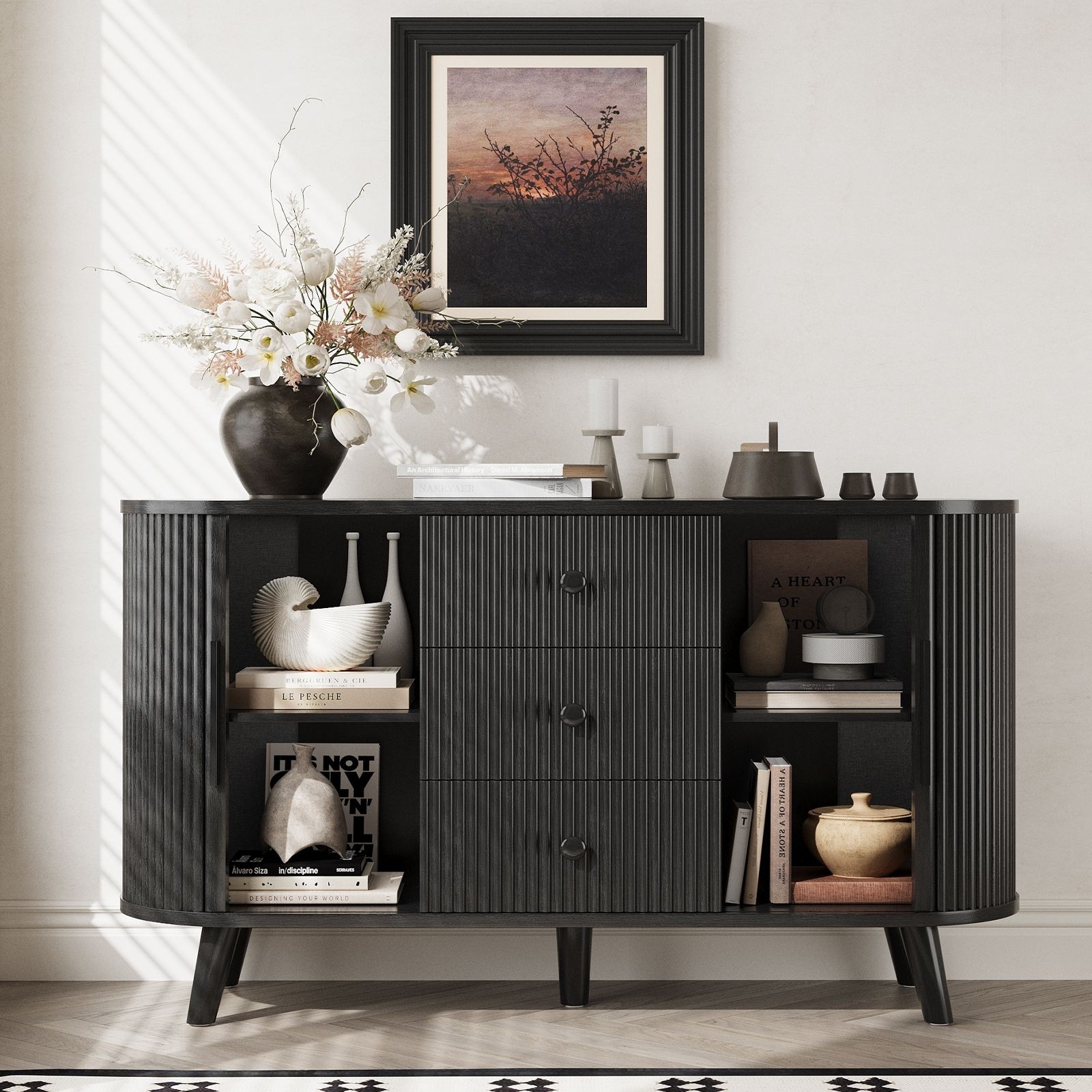 Fluted Sideboard Buffet Cabinet with Tambour Sliding Doors, Modern Coffee Bar Console with Storage & Adjustable Shelves