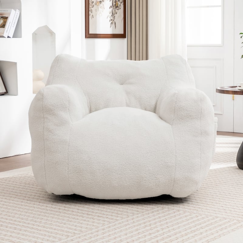 GDFStudio - Teddy Fabric 37" Deep Seat Bean Bag Chair with Armrests - White