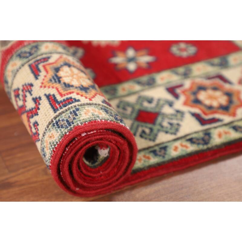 Kazak Accent Rug Hand-Knotted Geometric Red Wool Carpet - 2'10" x 4'1"