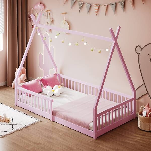 slide 2 of 22, Twin Size Floor Bed, Platform Bed Frame with Fence and Roof, Solid Wood Playhouse Bedframe w/Open Door, No Box Spring Needed Pink
