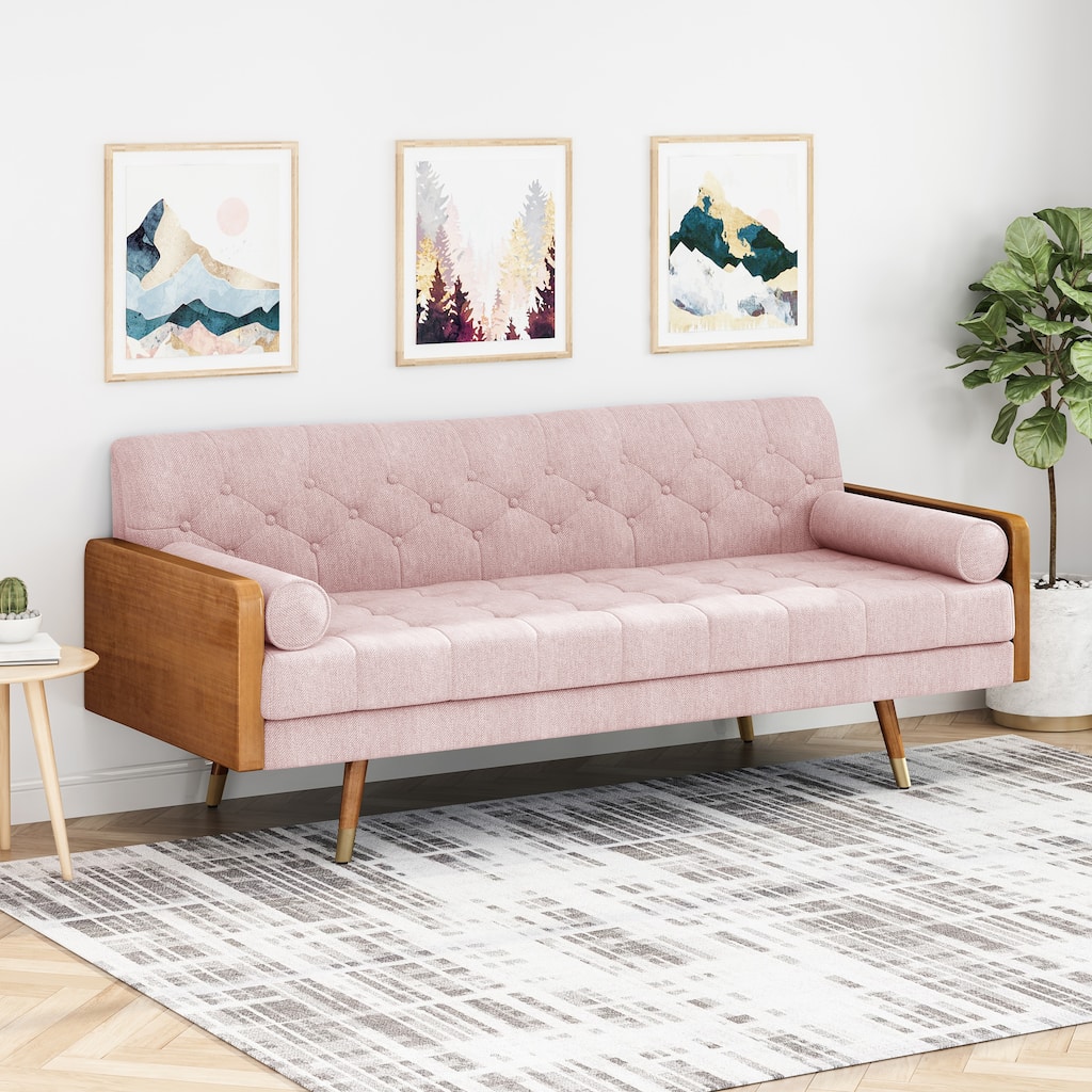Mid-Century Modern Fabric Sofa 3 Seater Tufted Backrest and Wood Legs