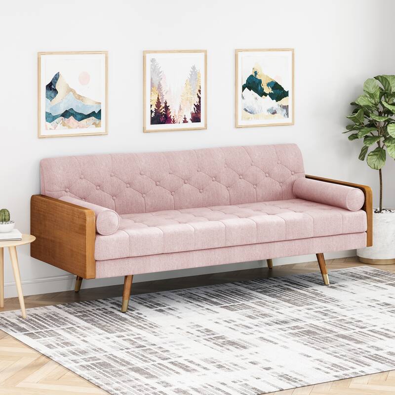 Mid-Century Modern Fabric Sofa 3 Seater Tufted Backrest and Wood Legs - Pink