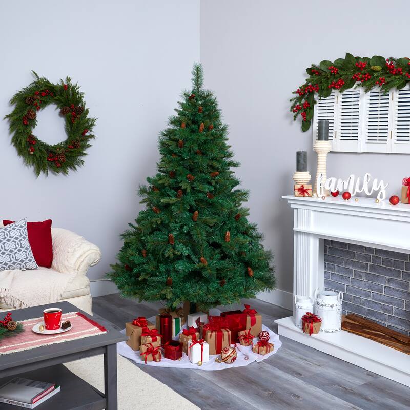 6' West Virginia Full Bodied Mixed Pine Artificial Christmas Tree with 300 Clear LED Lights and Pine Cones