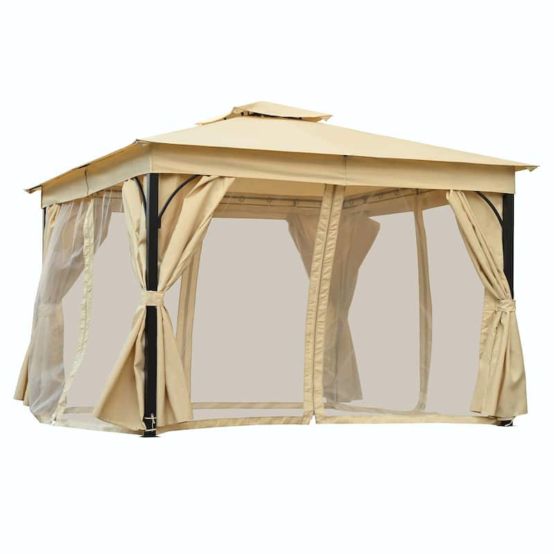 Outdoor Gazebo Tent with Double Roof, Mosquito Netting & Privacy Screens