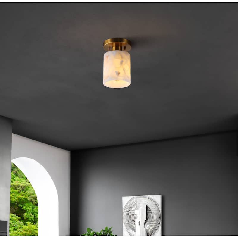 Hadley 5.13" 1-Light Modern Contemporary Alabaster/Iron Cylinder LED Semi Flush Mount, White Marbling/Brass Gold by JONATHAN Y