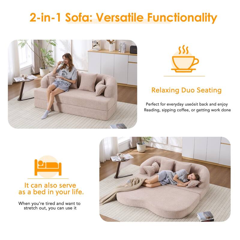 2-in-1 Foldable Sofa Bed, 70" Convertible Boneless Couch Sleeper with 4 Pillows, Chenille Foam Futon for Living Room