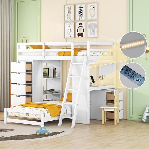 slide 2 of 18, Twin Over Twin Solid Pine Bunk Bed with Drawers, Shelves, Desk with LED & USB Ports White