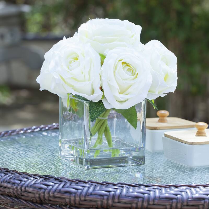 Enova Home 7 Stems Large Artificial Silk Roses Fake Flowers Arrangement in Cube Glass Vase for Home Office Wedding Decoration