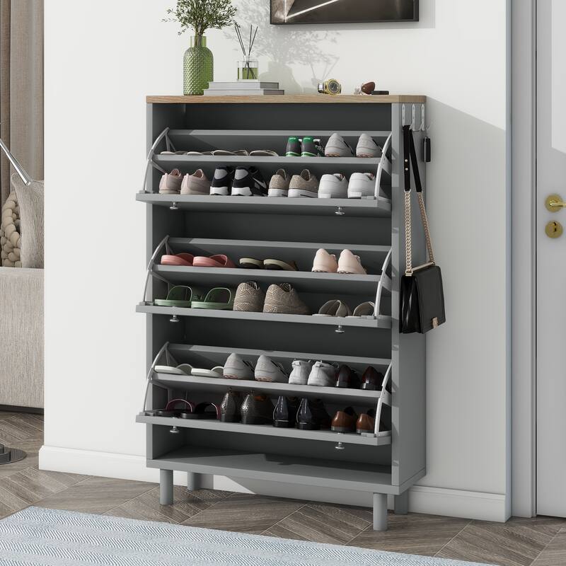 Sleek Narrow Shoe Cabinet with Adjustable Shelves & 3 Flip Drawers, Wood Grain Finish for Entryway Storage