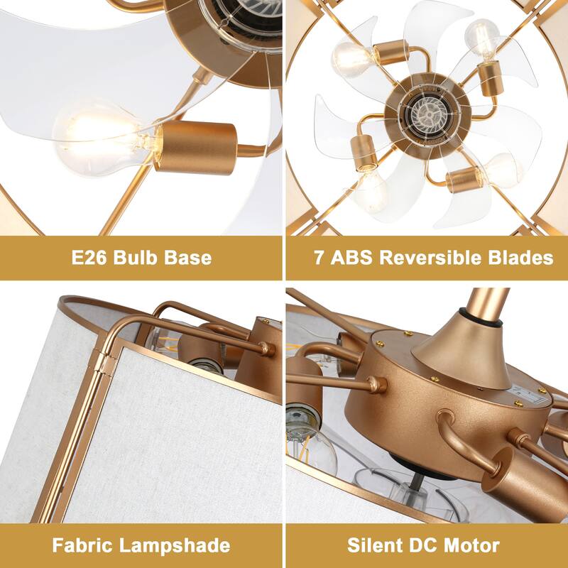 Cusp Barn 19" Caged Ceiling Fan with Lights, Gold Boho Farmhouse 6 Speeds Reversible Fandelier Ceiling Fan for Bedroom