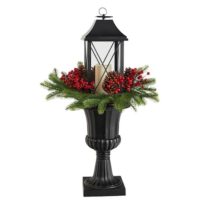 33" Berries and Pinecones Christmas Candle Lantern with Decorative Urn