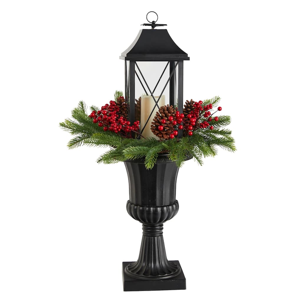33" Berries and Pinecones Christmas Candle Lantern with Decorative Urn