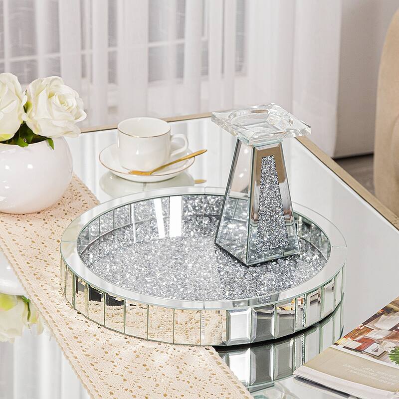 Mirrored Decorative Serving Tray Crushed Diamond Tray - No Rotating Base