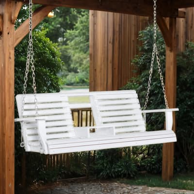 Patio Wood Swing Bench with Folding Coffee Table,Cup Holders,Chains