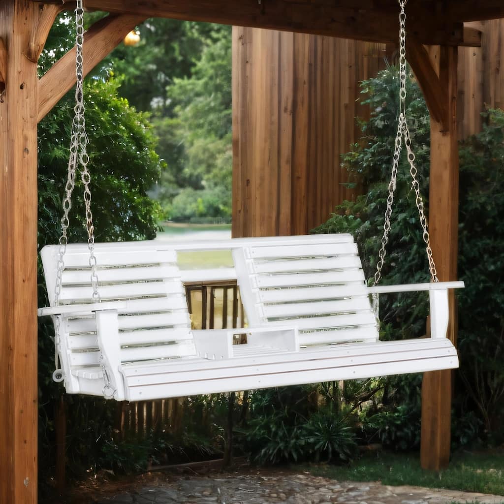 Patio Wood Swing Bench with Folding Coffee Table,Cup Holders,Chains