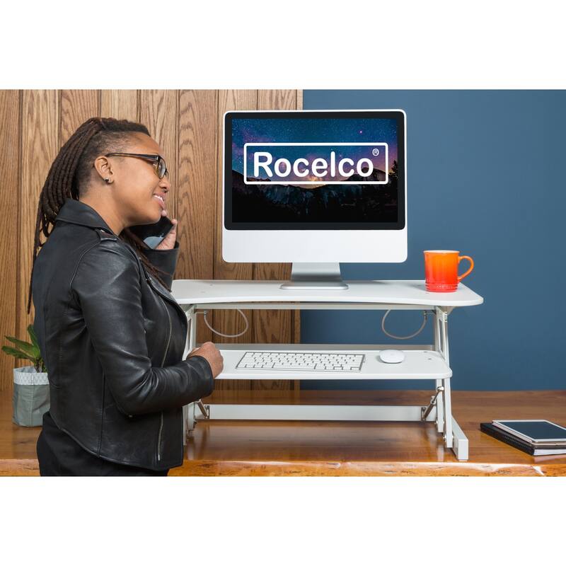 Rocelco 32 in. W White Height Adjustable Standing Desk Converter Keyboard Tray Up Double Monitor Riser Computer Workstation