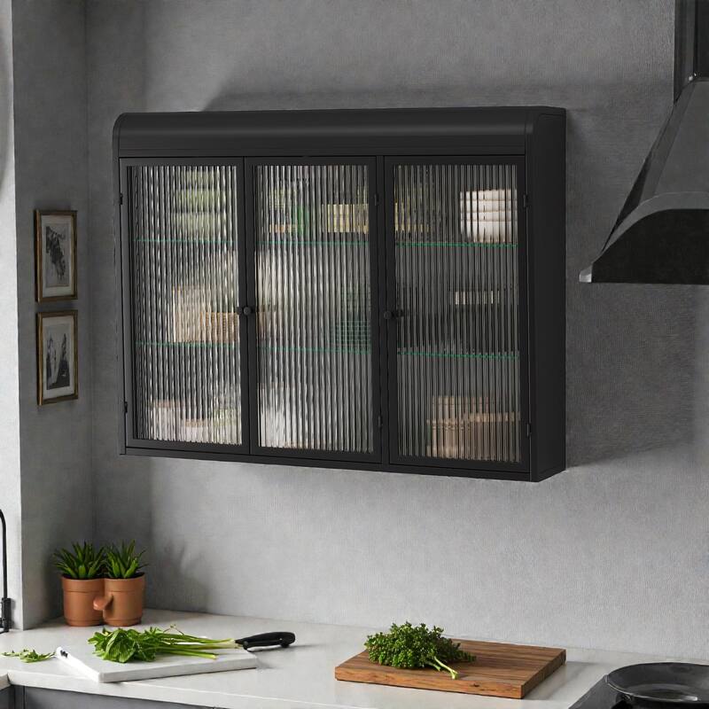 Arched 3-Door Wall Mounted Glass Cabinet for Kitchen, Bathroom and Living Room Storage Display - Black