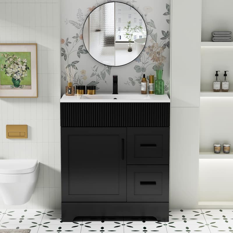 30"/36"/48" Single Bathroom Vanity Set with Drop in Sink Top with Wave Lines - Black - 30"