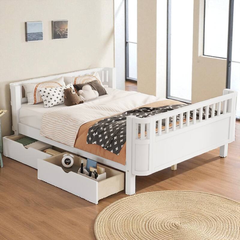 Twin/Full Size Wooden Platform Bed with Safety Rails and 2 Storage Drawers, Low Profile Kids Bed Frame
