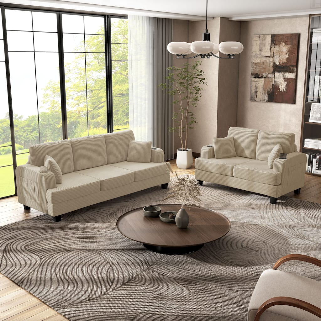 Furniture of America Xenia Modern 2-Piece Chenille Sofa Set with Cup Holders and USB Ports