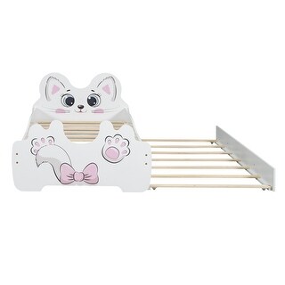 Twin Platform Bed with Cartoon Shaped Headboard & Trundle, Wood Bed-Frame with Slats Support for Boys Girls-Easy to Assemble