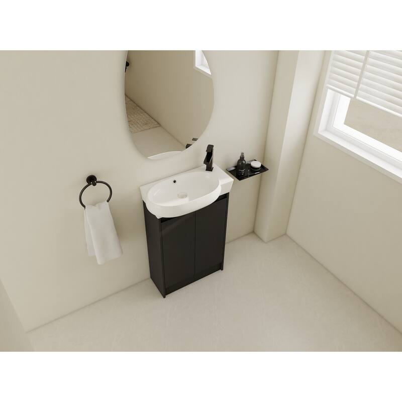 Compact Bathroom Vanity with Sink, Oval Single Ceramic Sink Bathroom Cabinet for Small Bathroom