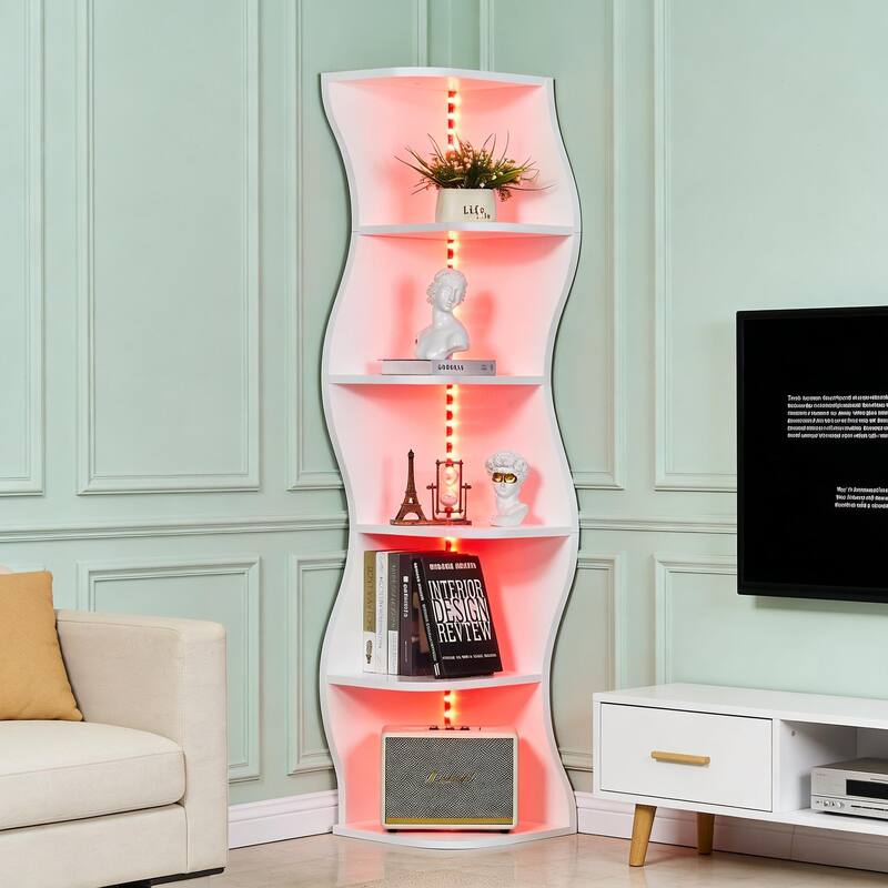 Javlergo 5-Tier Corner Bookshelf with LED Light Strip Seagrass Wave Design Tall Corner Bookcase with Lights for Living Room